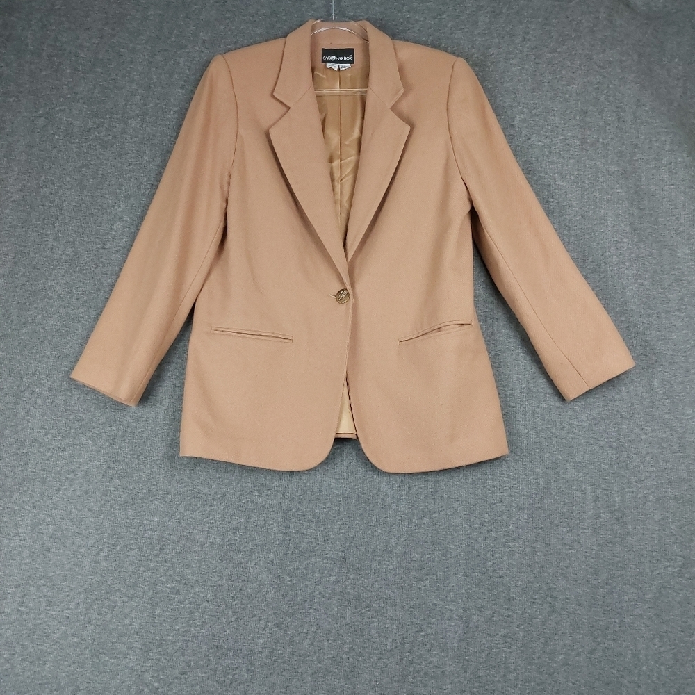 SAG HARBOR WOMENS TAN NEUTRAL 100% WOOL CLASSIC SINGLE BUTTON BLAZER SIZE 10